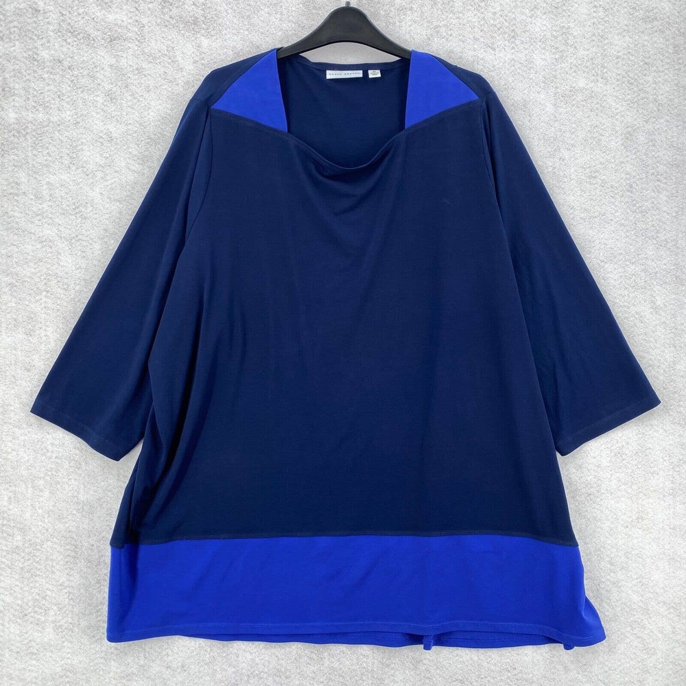 Susan‎ Graver Blouse Womens 3X Button Up Tunic Stretchy Blue Collar Color Block